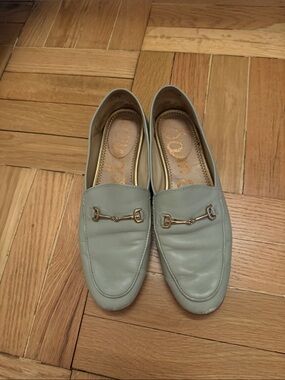 Light Sage Leather Loafers with Gold Bit Detail